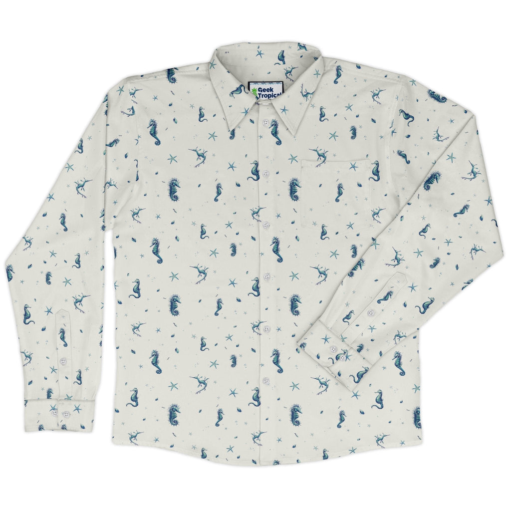 Seahorses Floating Long Sleeve Button Up Shirt Geek Nerd adult sizing Design by Vlad Mel FLOW DESC WRITING