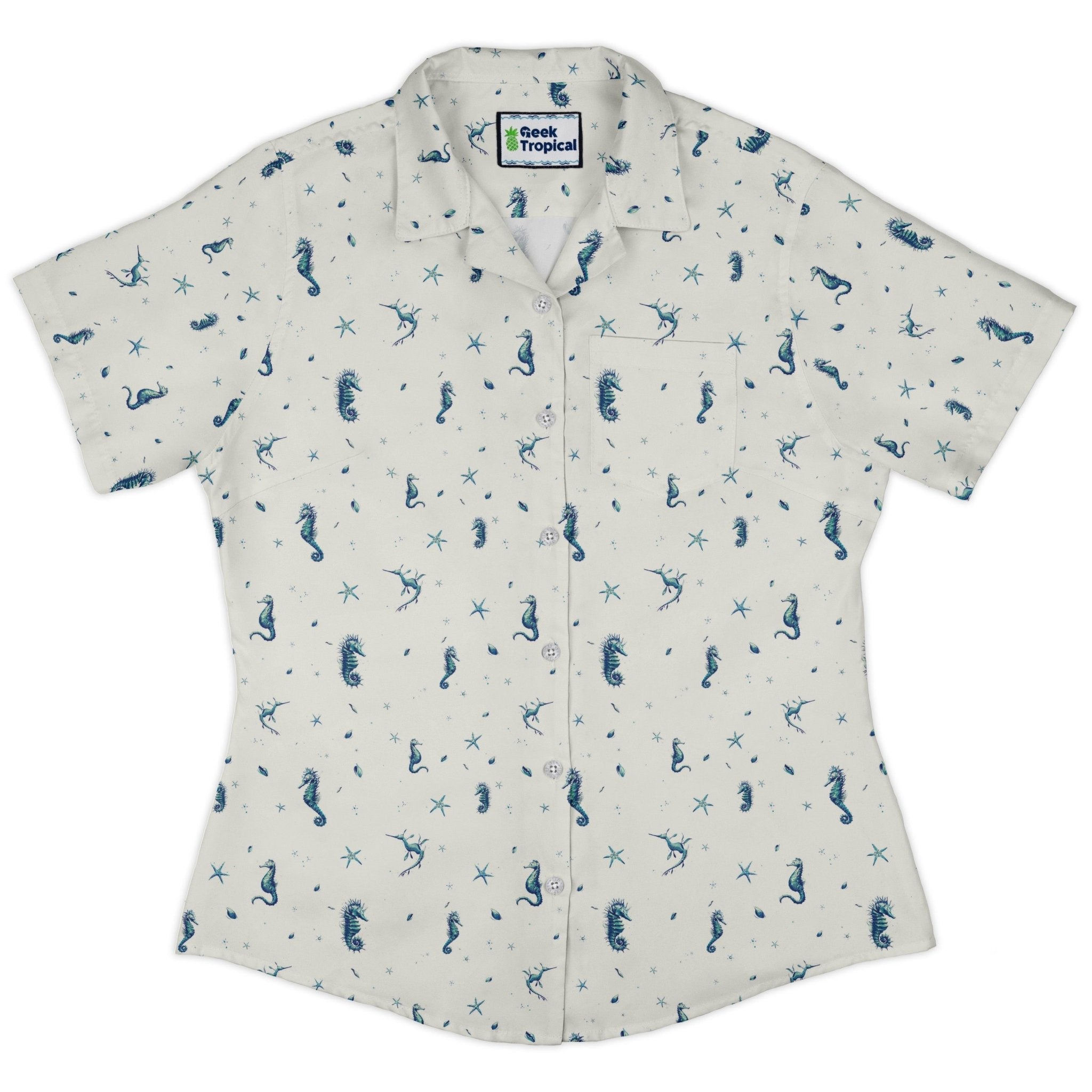 Seahorses Floating Curvy Button Up Shirt Geek Nerd Design by Vlad Mel Marine biology q4