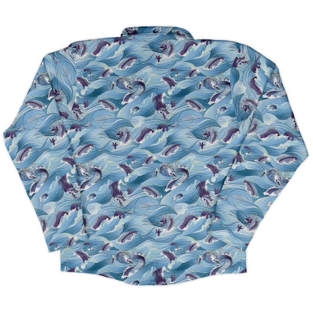 Serpent of the Sea Blue Anime Long Sleeve Button Up Shirt Geek Nerd adult sizing Anime Design by Claire Murphy