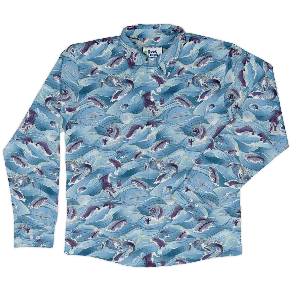 Serpent of the Sea Blue Anime Long Sleeve Button Up Shirt Geek Nerd adult sizing Anime Design by Claire Murphy