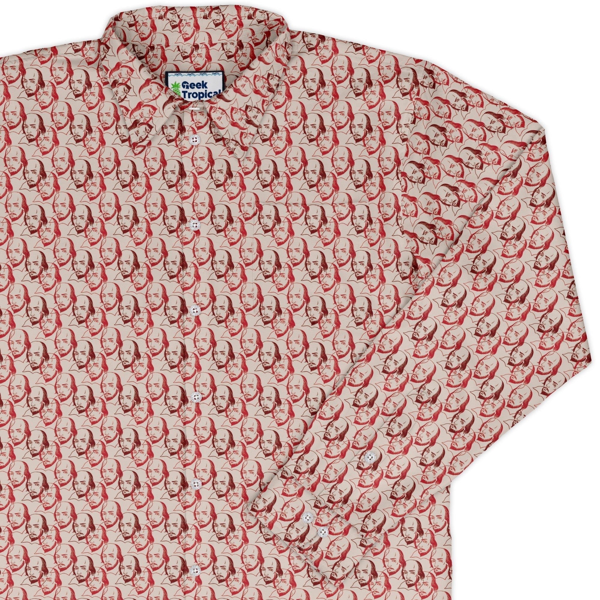 Shakespeare Red Macbeth Long Sleeve Button Up Shirt Geek Nerd adult sizing Book Prints FLOW DESC WRITING