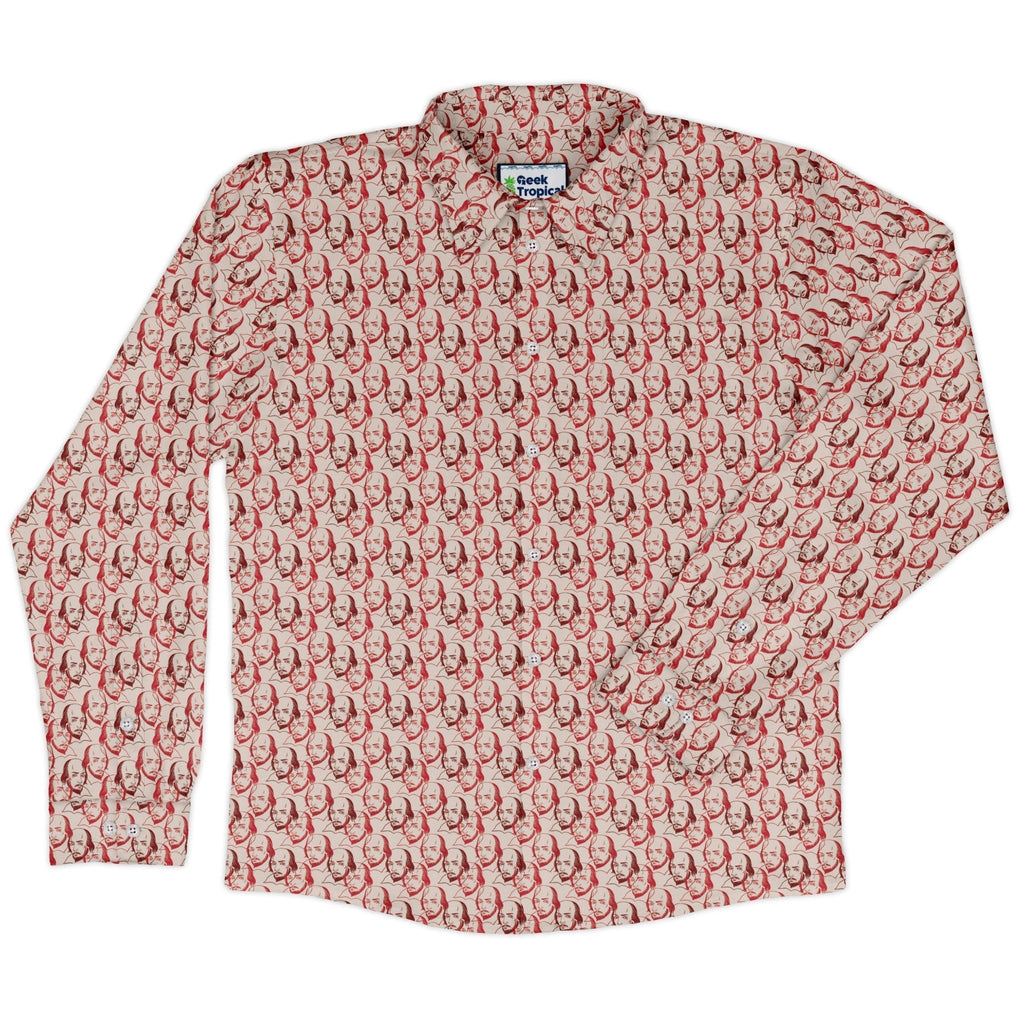 Shakespeare Red Macbeth Long Sleeve Button Up Shirt Geek Nerd adult sizing Book Prints FLOW DESC WRITING