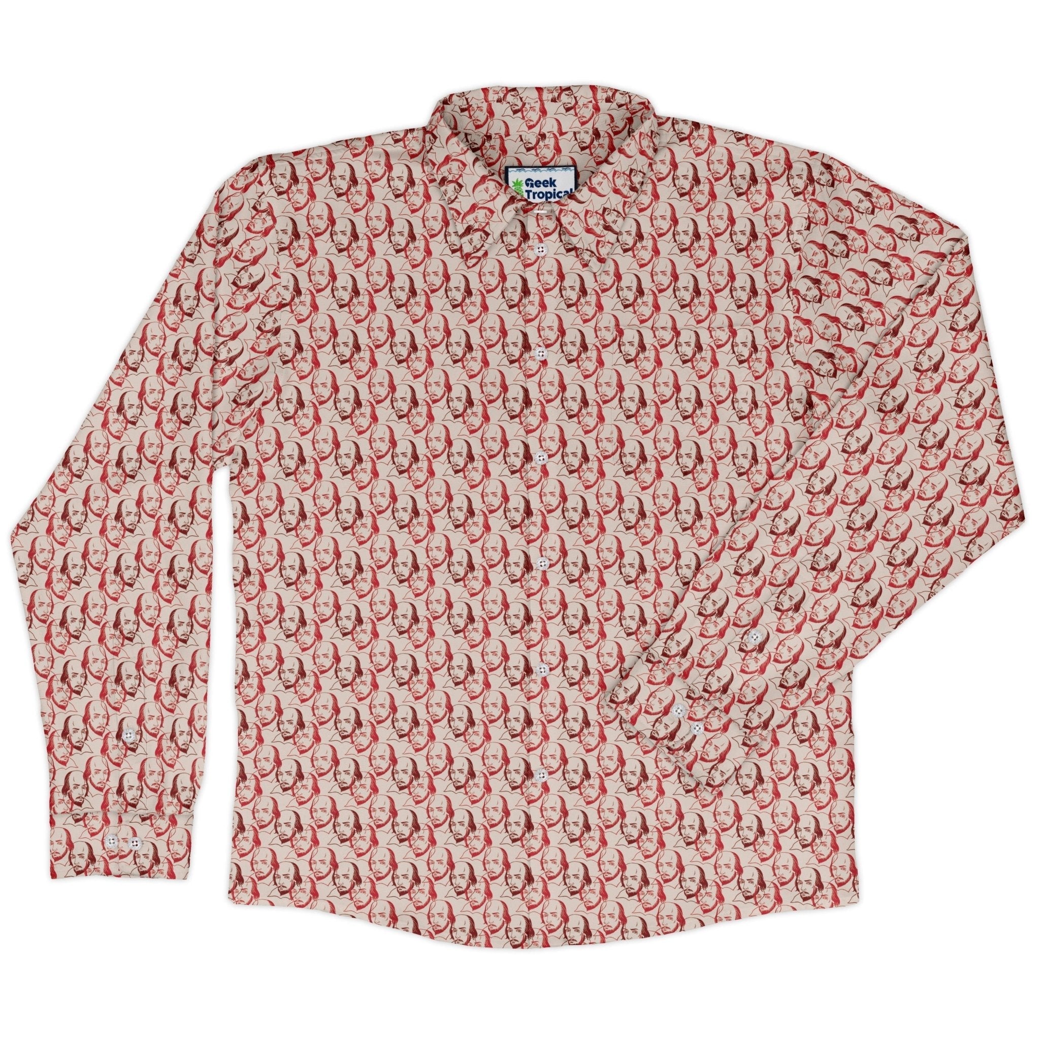 Shakespeare Red Macbeth Long Sleeve Button Up Shirt Geek Nerd adult sizing Book Prints FLOW DESC WRITING