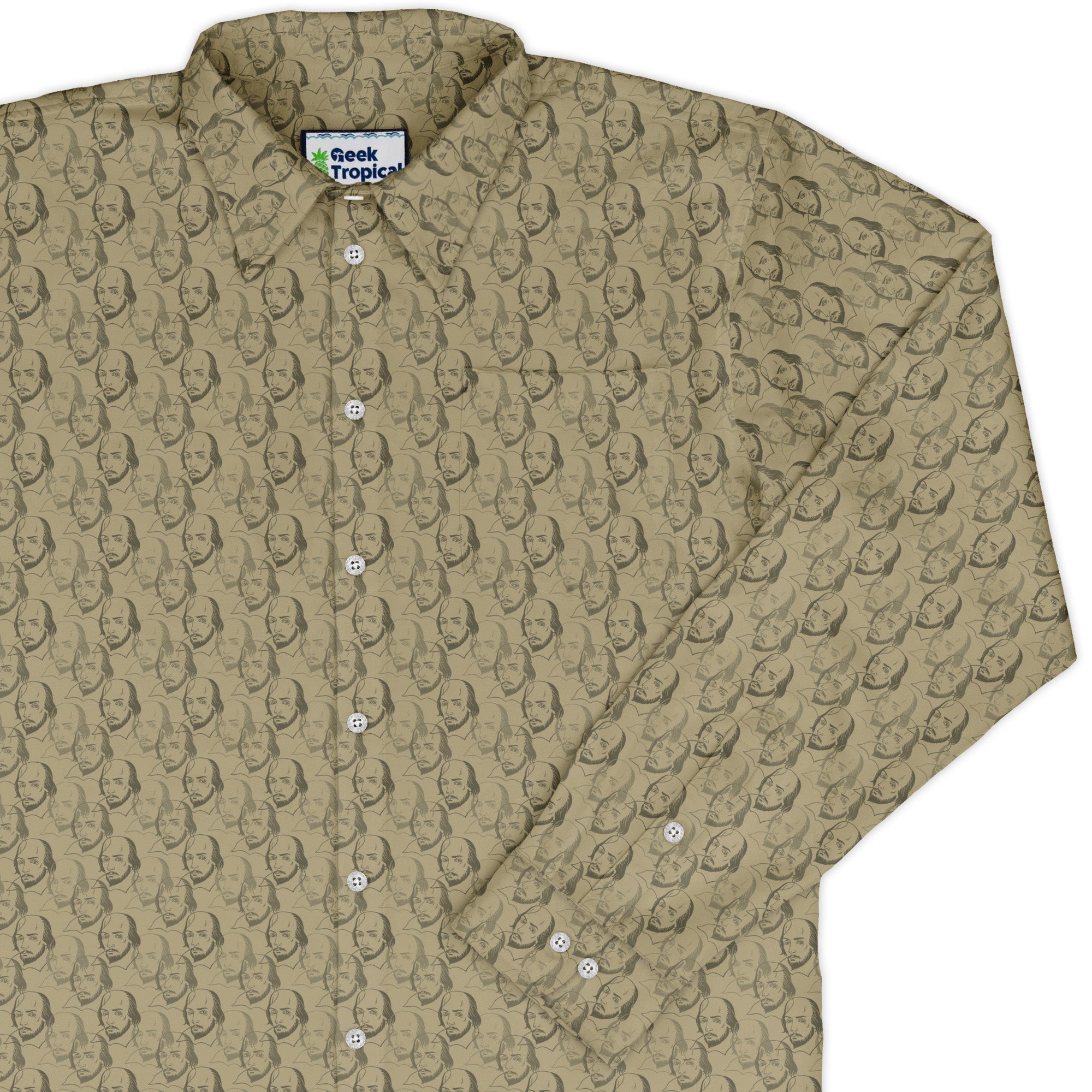 Shakespeare Tan Monochrome Long Sleeve Button Up Shirt Geek Nerd adult sizing Book Prints FLOW DESC WRITING
