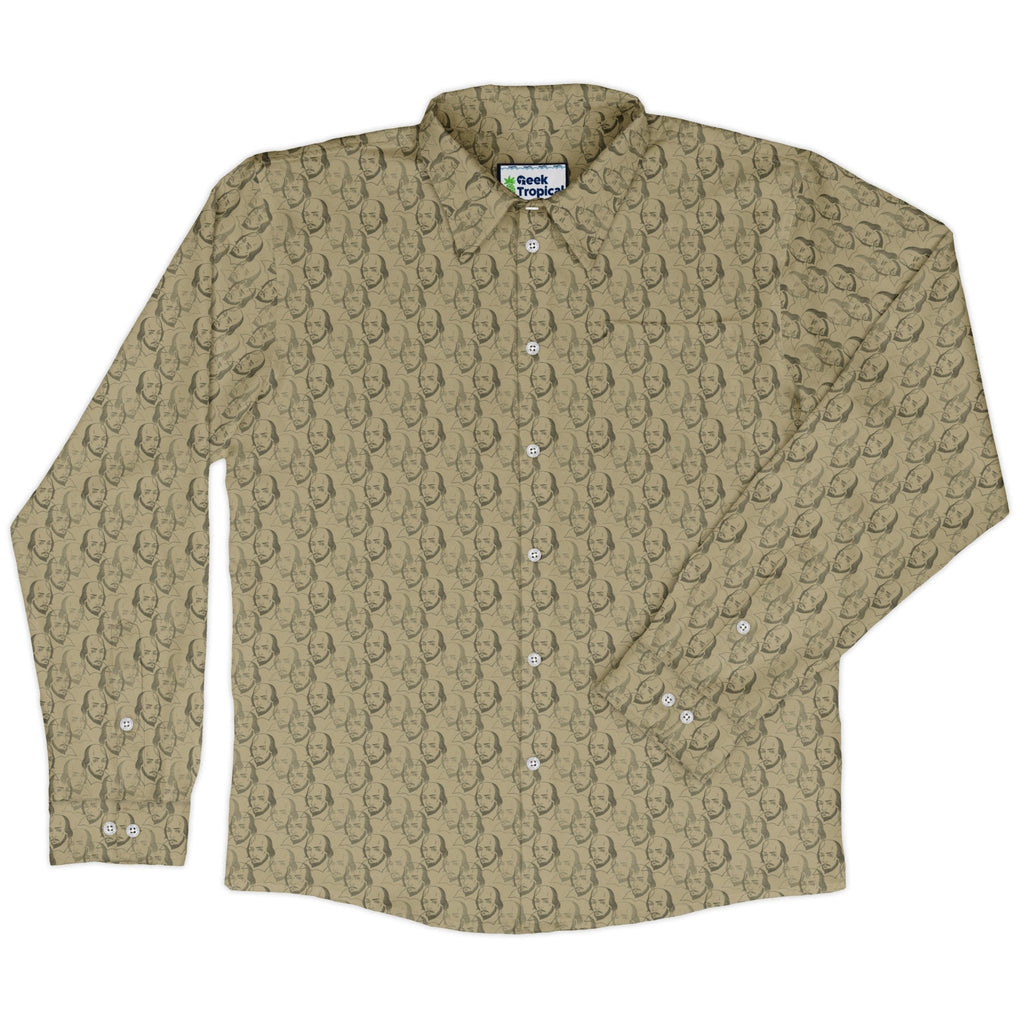 Shakespeare Tan Monochrome Long Sleeve Button Up Shirt Geek Nerd adult sizing Book Prints FLOW DESC WRITING