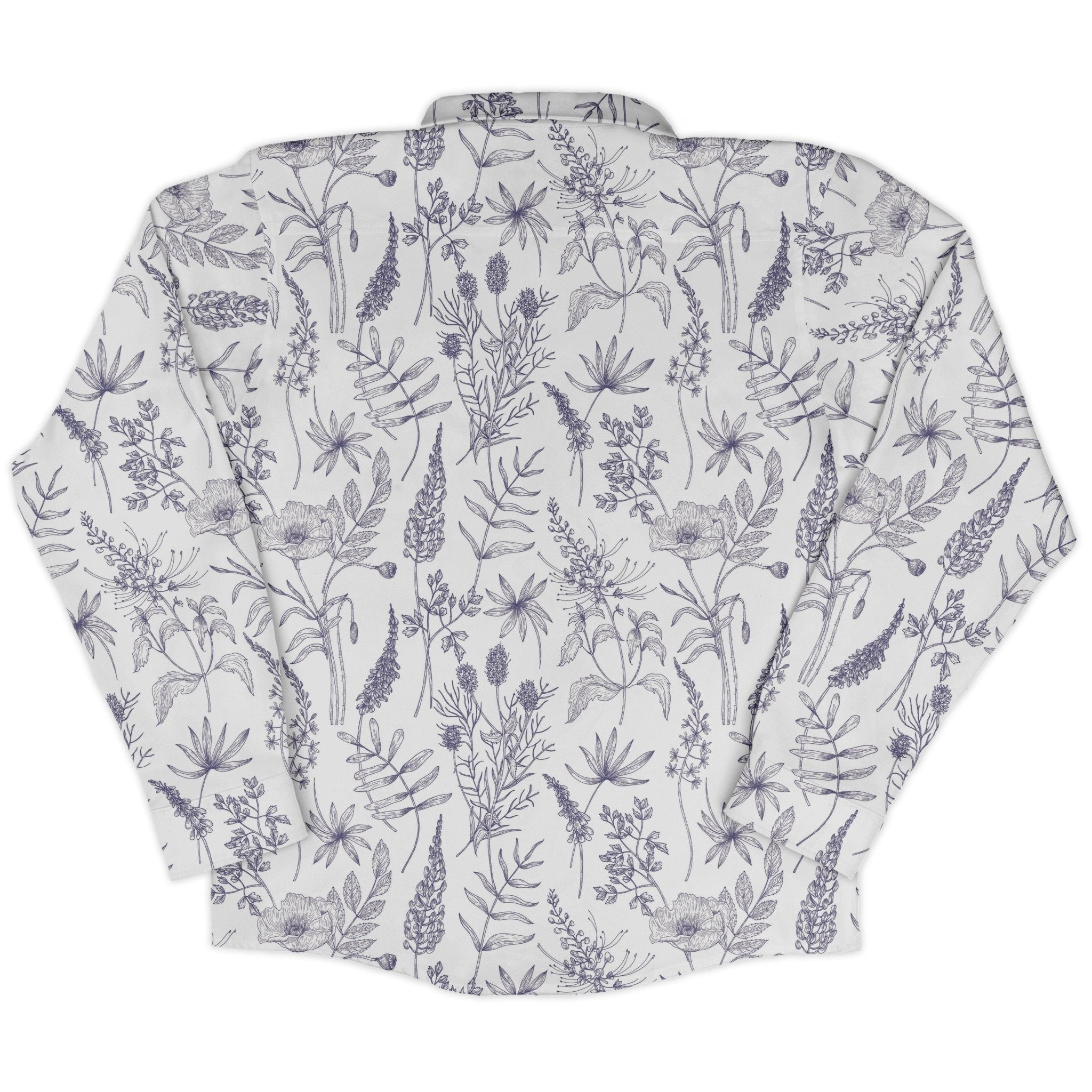Simple Botany Flowers Herbs White Blue Long Sleeve Button Up Shirt Geek Nerd adult sizing Botany Print FLOW DESC WRITING