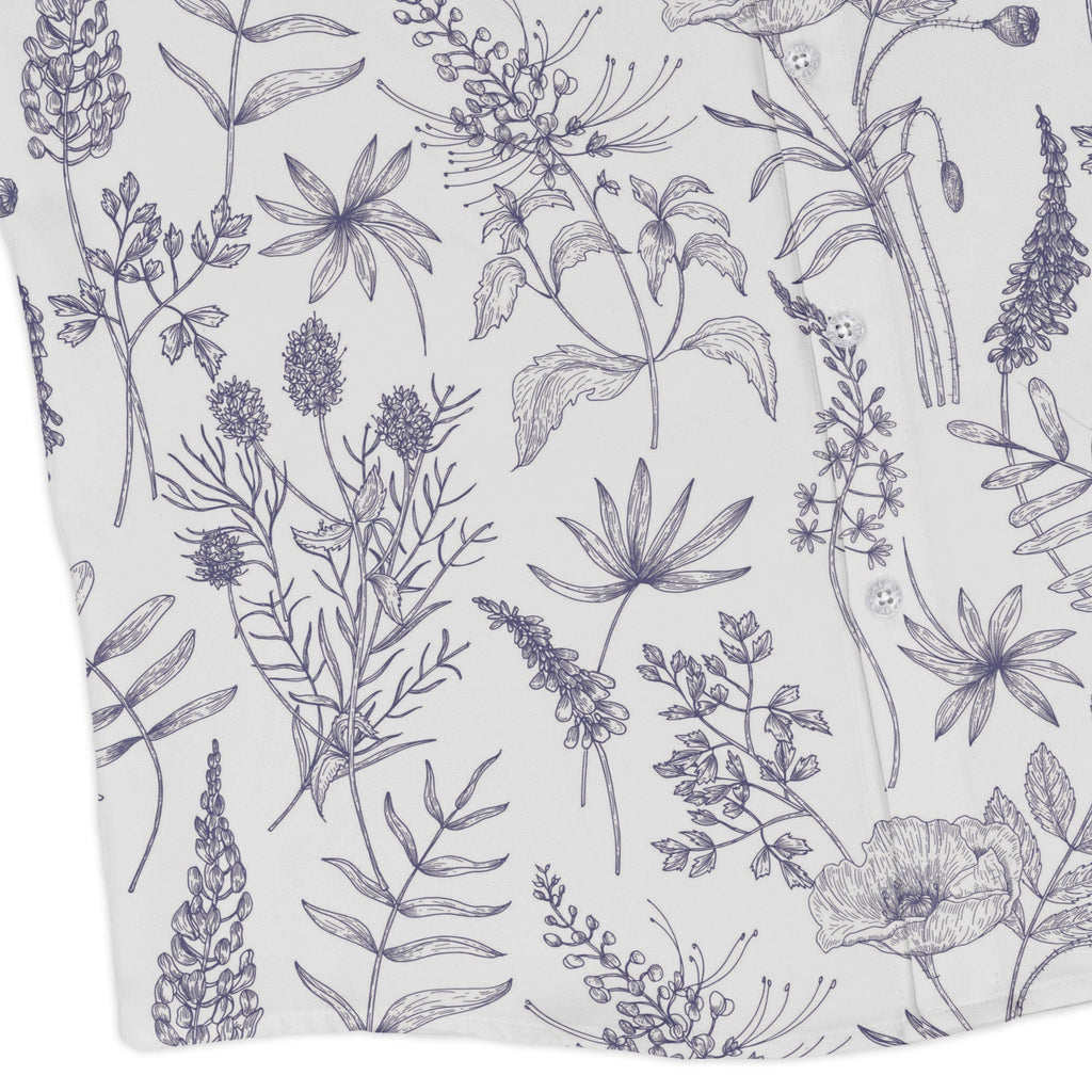 Simple Botany Flowers Herbs White Blue Long Sleeve Button Up Shirt Geek Nerd adult sizing Botany Print FLOW DESC WRITING
