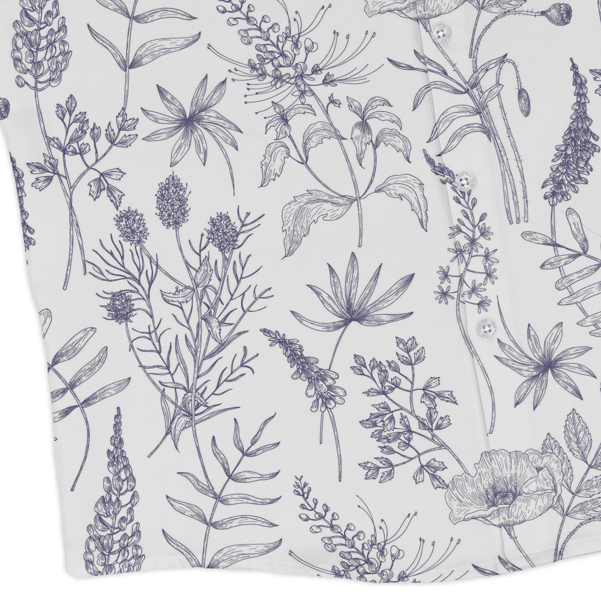 Simple Botany Flowers Herbs White Blue Long Sleeve Button Up Shirt Geek Nerd adult sizing Botany Print FLOW DESC WRITING