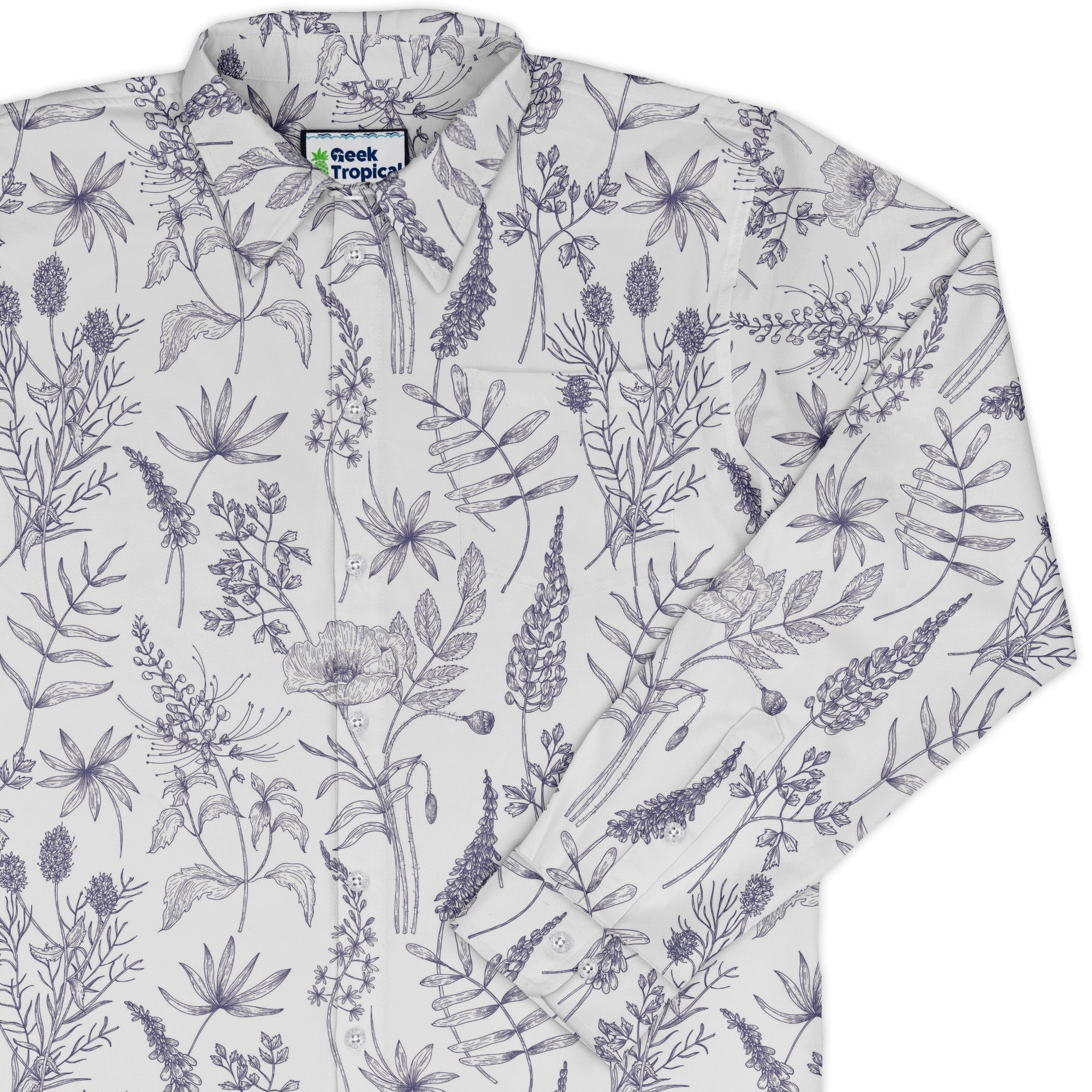 Simple Botany Flowers Herbs White Blue Long Sleeve Button Up Shirt Geek Nerd adult sizing Botany Print FLOW DESC WRITING