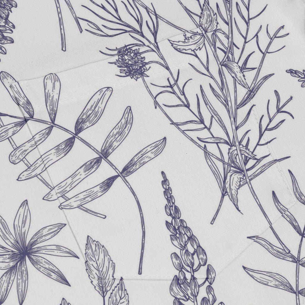 Simple Botany Flowers Herbs White Blue Long Sleeve Button Up Shirt Geek Nerd adult sizing Botany Print FLOW DESC WRITING
