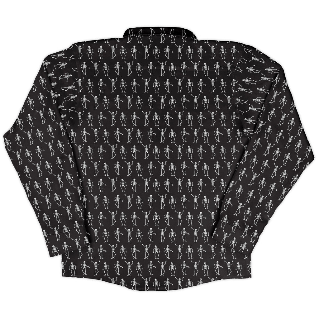 Skeleton Hanging Long Sleeve Button Up Shirt Geek Nerd adult sizing Design by Heather Davenport FLOW DESC WRITING