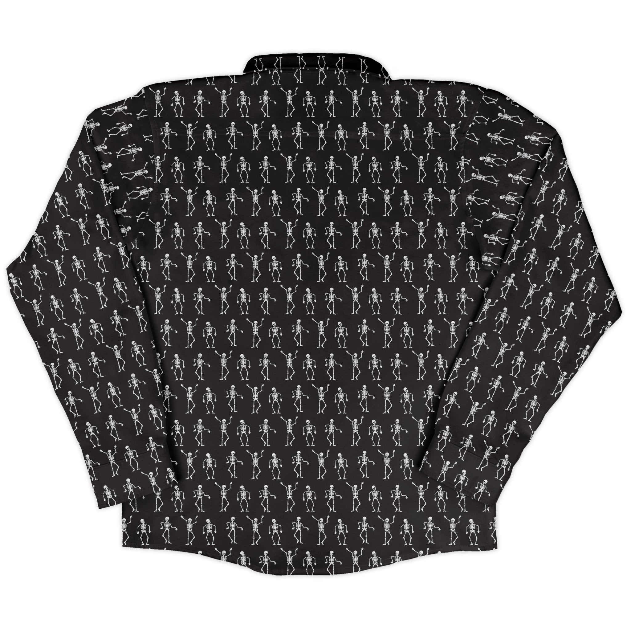 Skeleton Hanging Long Sleeve Button Up Shirt Geek Nerd adult sizing Design by Heather Davenport FLOW DESC WRITING