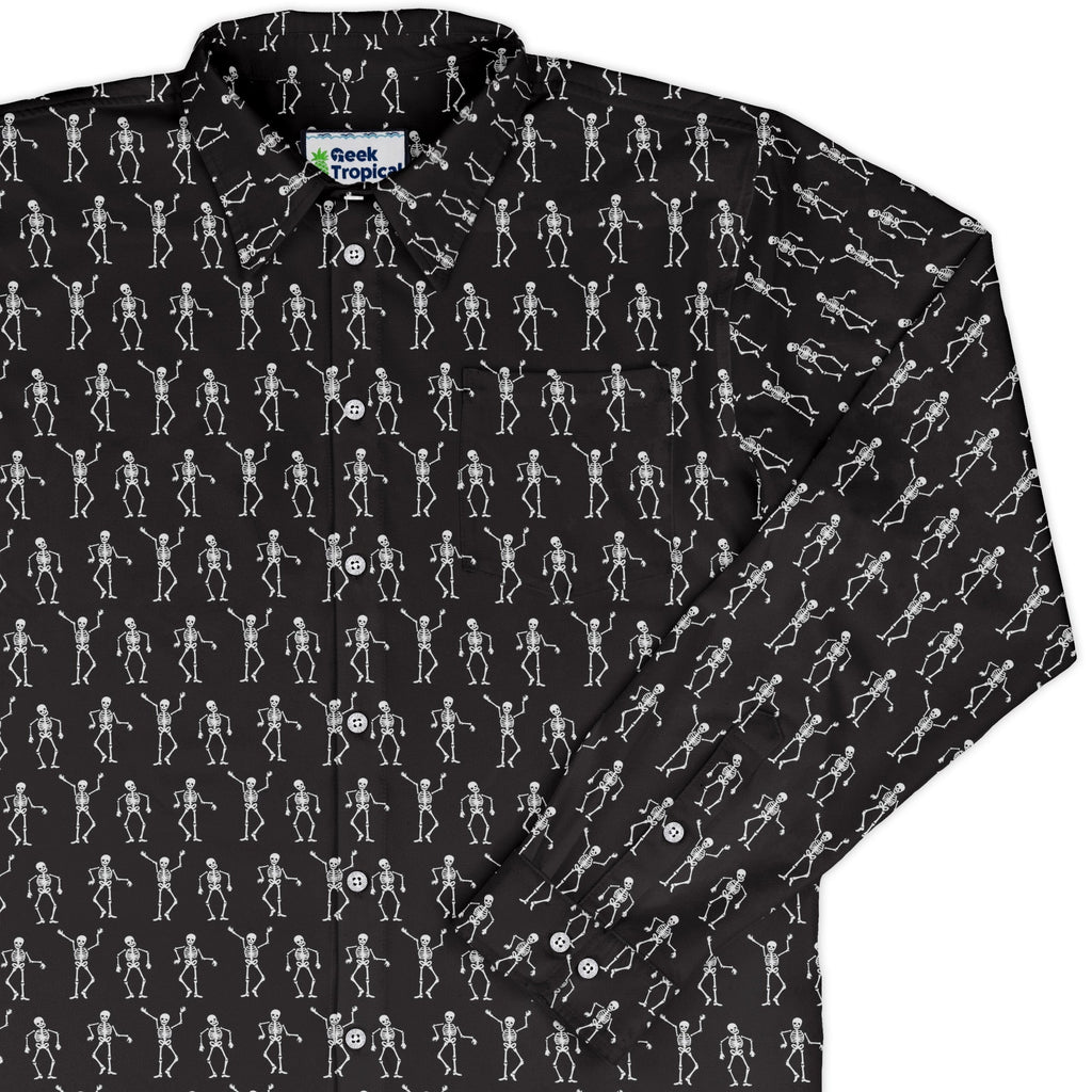 Skeleton Hanging Long Sleeve Button Up Shirt Geek Nerd adult sizing Design by Heather Davenport FLOW DESC WRITING