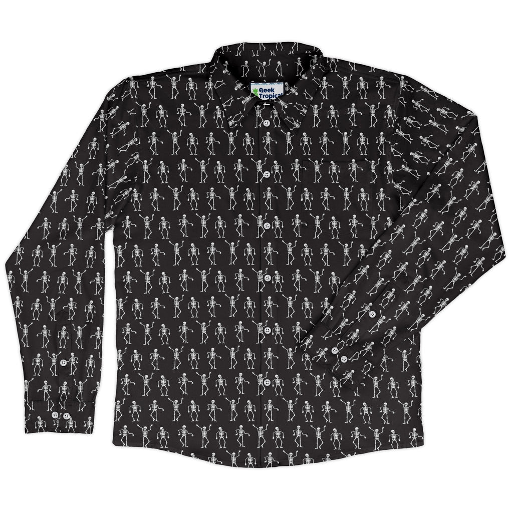 Skeleton Hanging Long Sleeve Button Up Shirt Geek Nerd adult sizing Design by Heather Davenport FLOW DESC WRITING