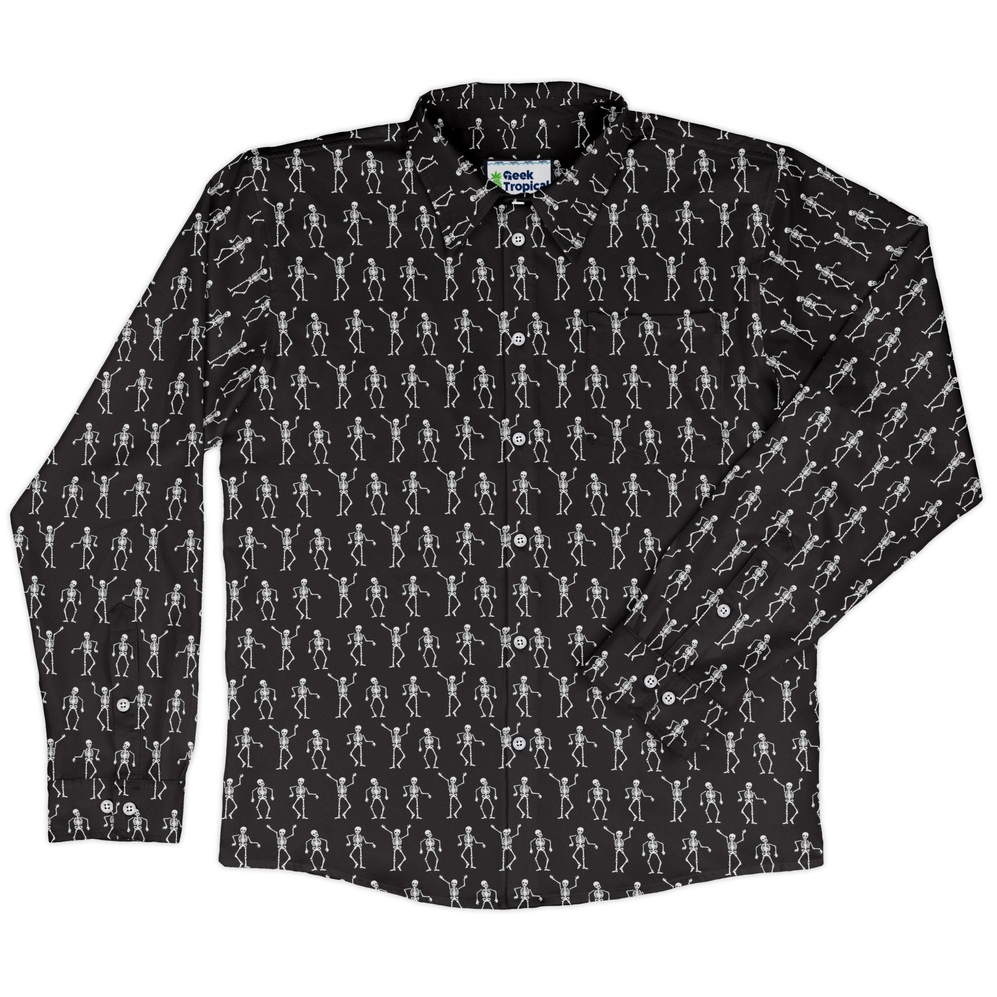 Skeleton Hanging Long Sleeve Button Up Shirt Geek Nerd adult sizing Design by Heather Davenport FLOW DESC WRITING