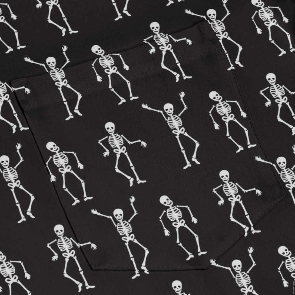 Skeleton Hanging Long Sleeve Button Up Shirt Geek Nerd adult sizing Design by Heather Davenport FLOW DESC WRITING
