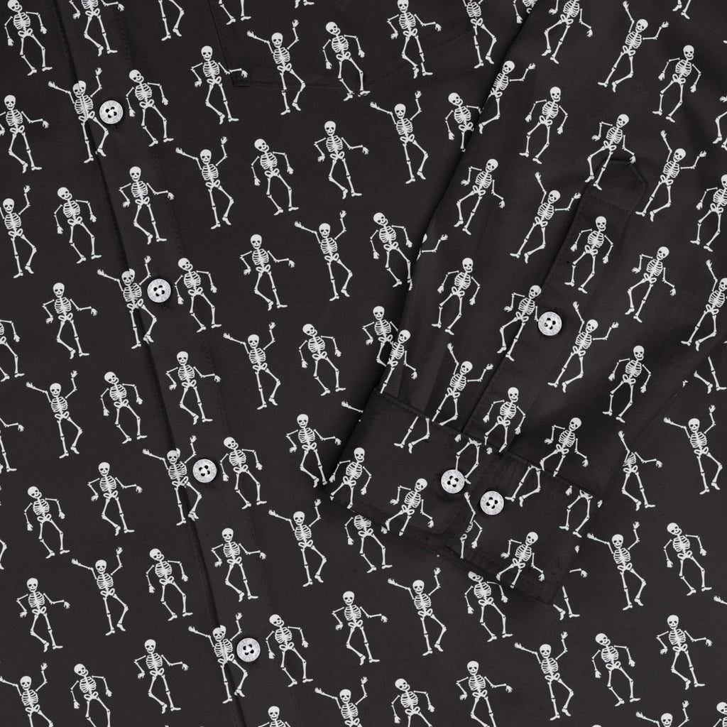 Skeleton Hanging Long Sleeve Button Up Shirt Geek Nerd adult sizing Design by Heather Davenport FLOW DESC WRITING