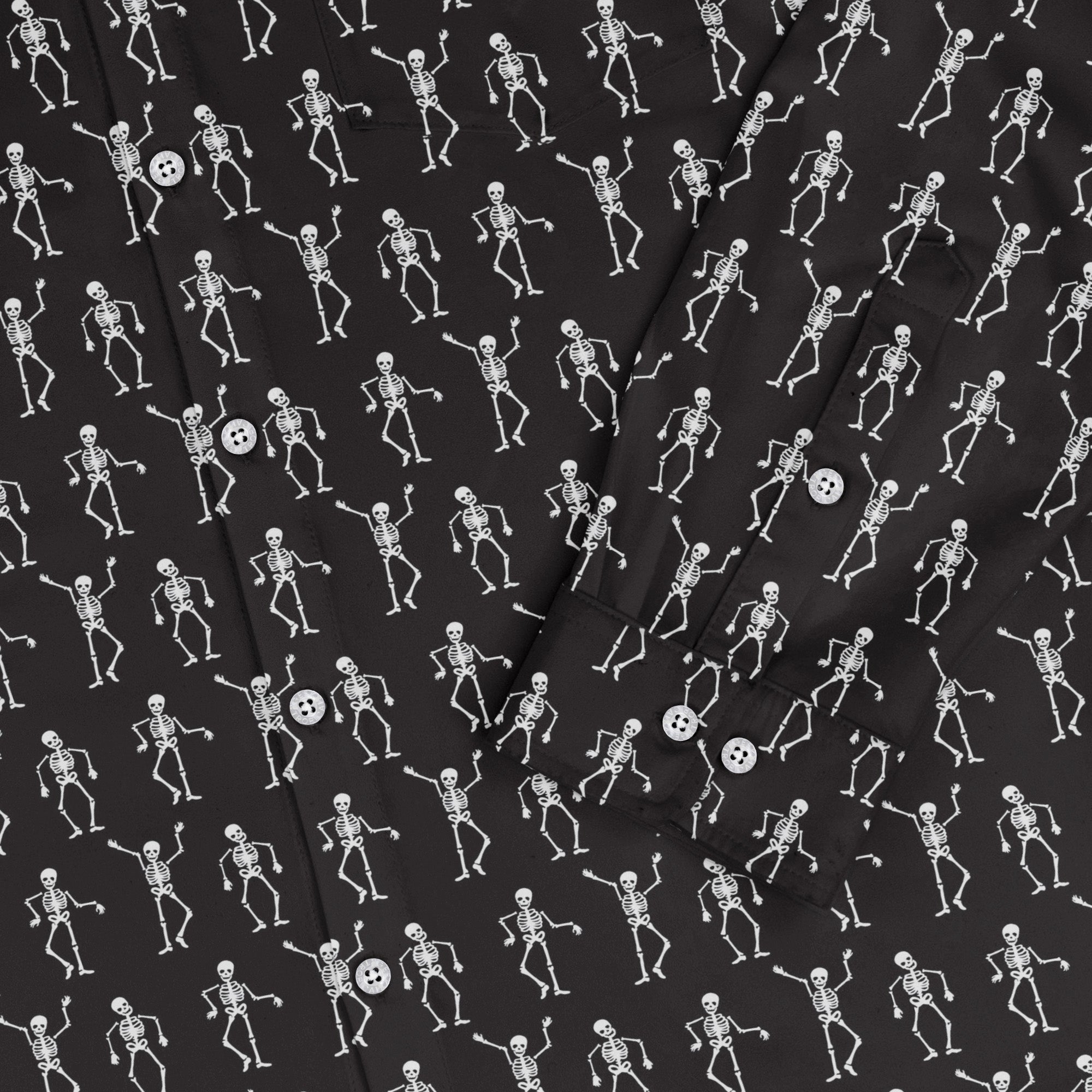 Skeleton Hanging Long Sleeve Button Up Shirt Geek Nerd adult sizing Design by Heather Davenport FLOW DESC WRITING