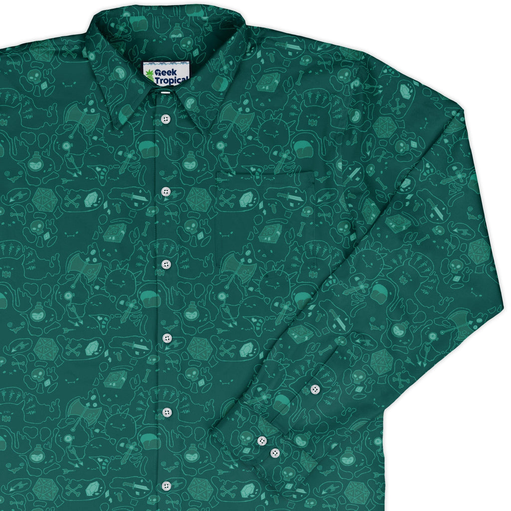 Slime Cube Toxic Green Long Sleeve Button Up Shirt Geek Nerd adult sizing Design by Ardi Tong dnd & rpg print