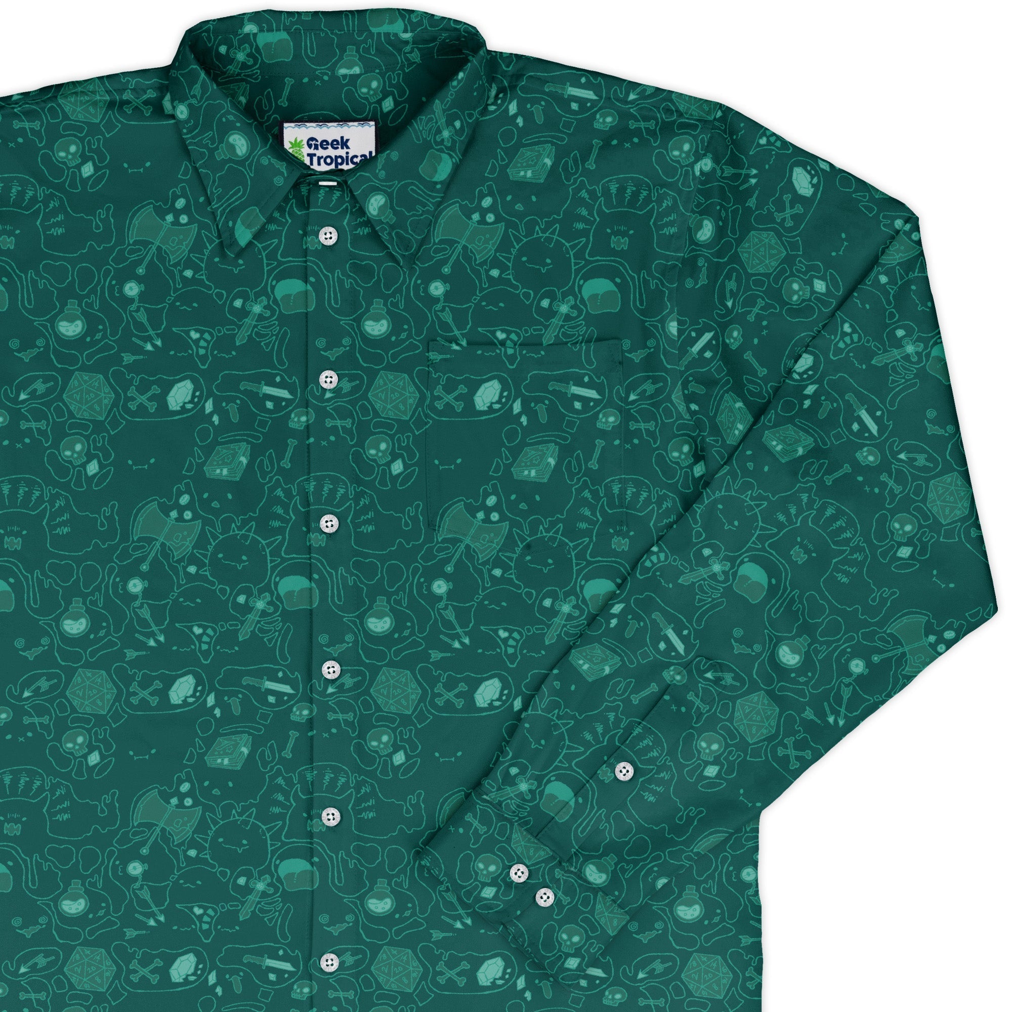 Slime Cube Toxic Green Long Sleeve Button Up Shirt Geek Nerd adult sizing Design by Ardi Tong dnd & rpg print
