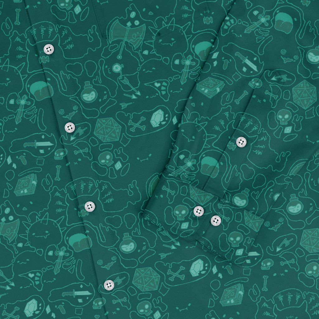 Slime Cube Toxic Green Long Sleeve Button Up Shirt Geek Nerd adult sizing Design by Ardi Tong dnd & rpg print