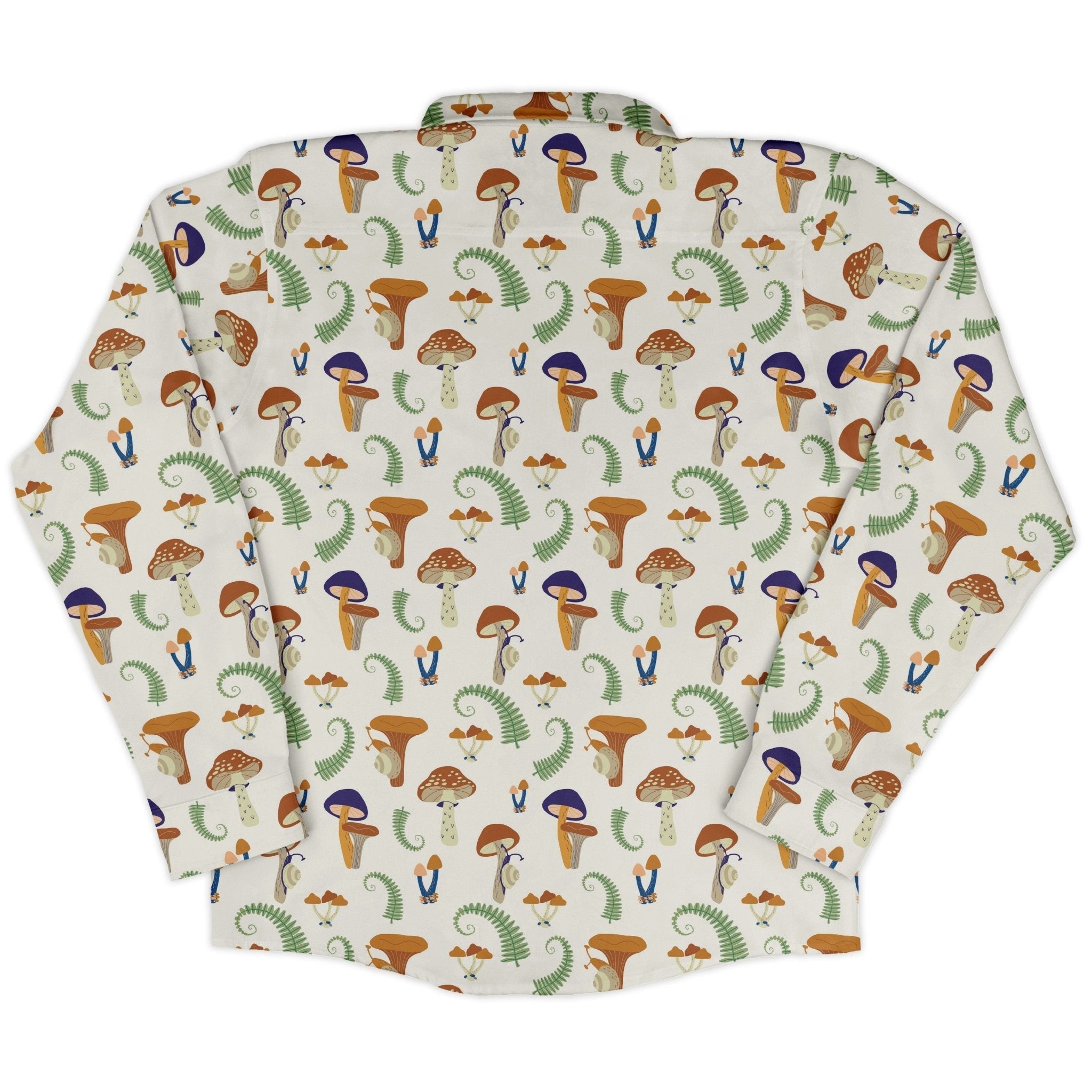 Snails and Mushrooms Botany Long Sleeve Button Up Shirt Geek Nerd adult sizing Botany Print FLOW DESC WRITING