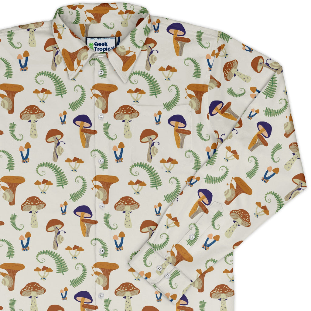 Snails and Mushrooms Botany Long Sleeve Button Up Shirt Geek Nerd adult sizing Botany Print FLOW DESC WRITING