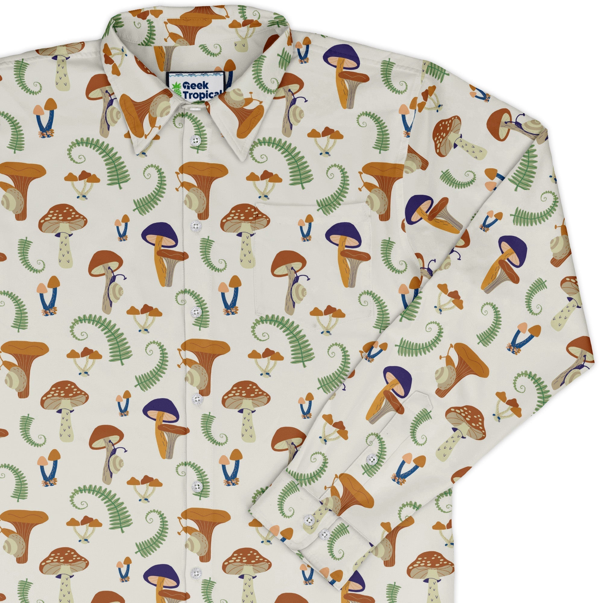 Snails and Mushrooms Botany Long Sleeve Button Up Shirt Geek Nerd adult sizing Botany Print FLOW DESC WRITING