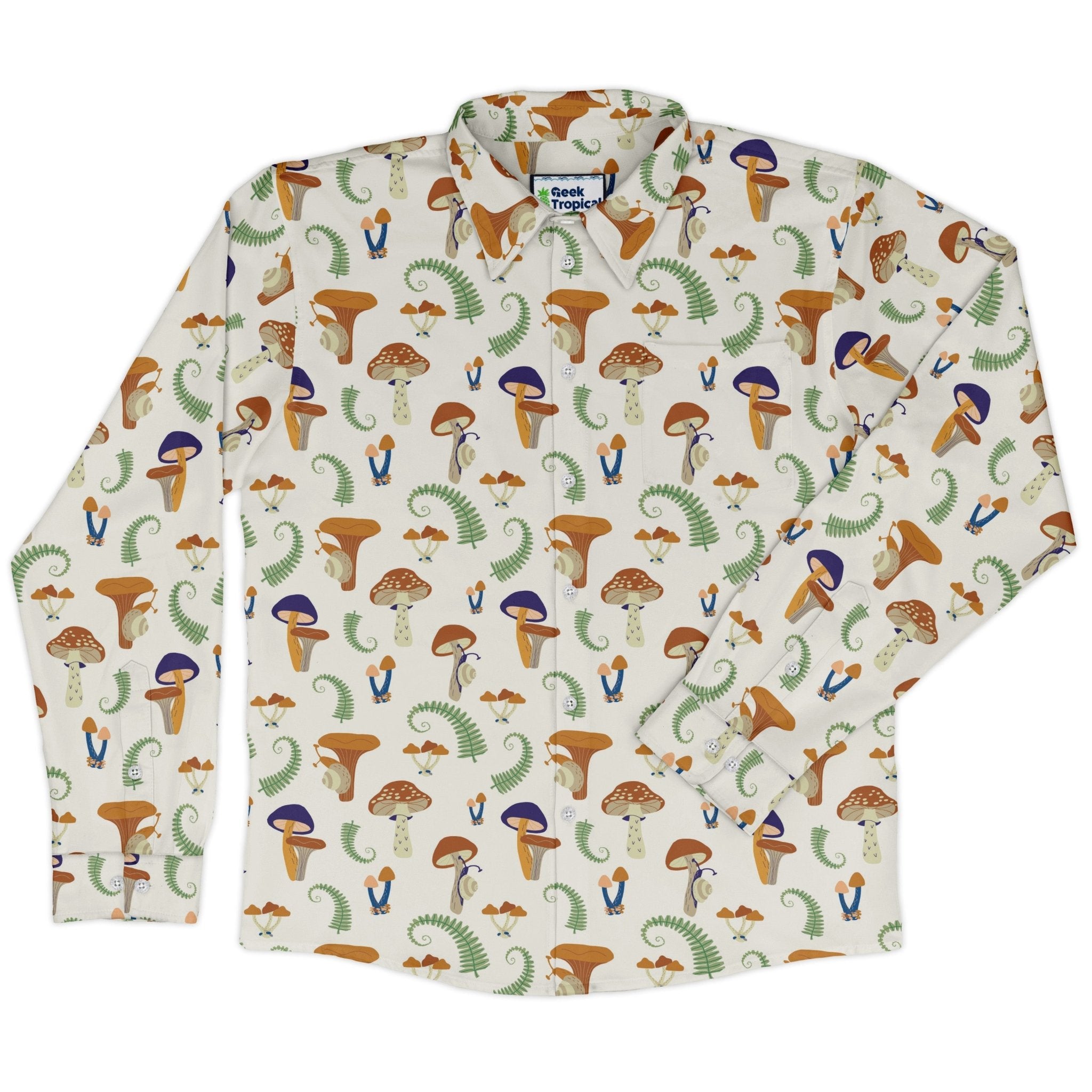 Snails and Mushrooms Botany Long Sleeve Button Up Shirt Geek Nerd adult sizing Botany Print FLOW DESC WRITING