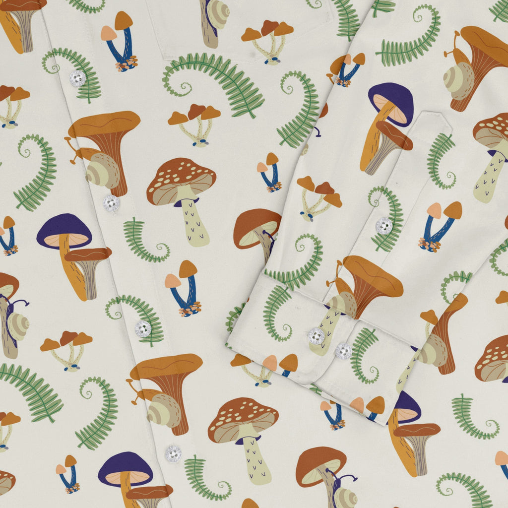 Snails and Mushrooms Botany Long Sleeve Button Up Shirt Geek Nerd adult sizing Botany Print FLOW DESC WRITING