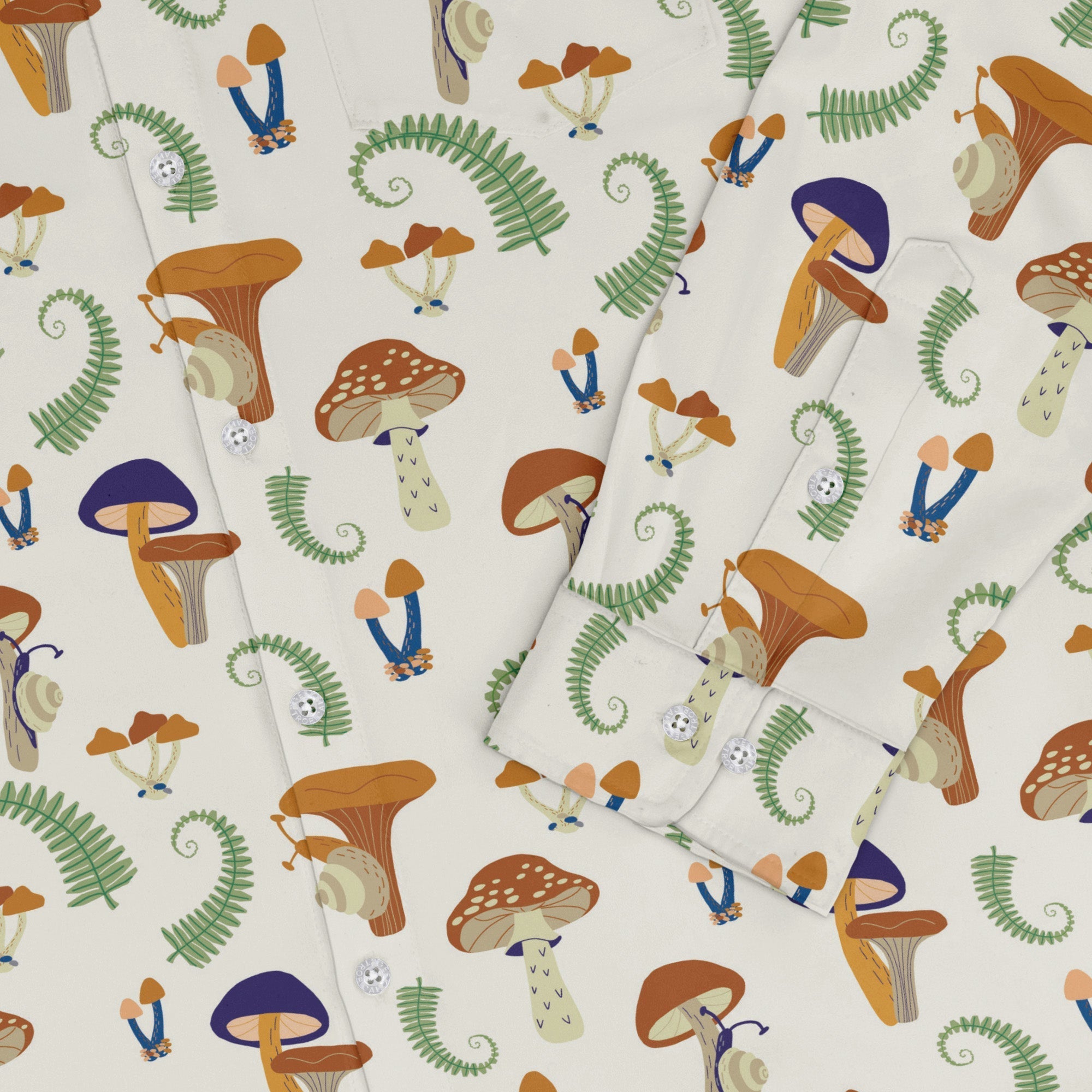 Snails and Mushrooms Botany Long Sleeve Button Up Shirt Geek Nerd adult sizing Botany Print FLOW DESC WRITING