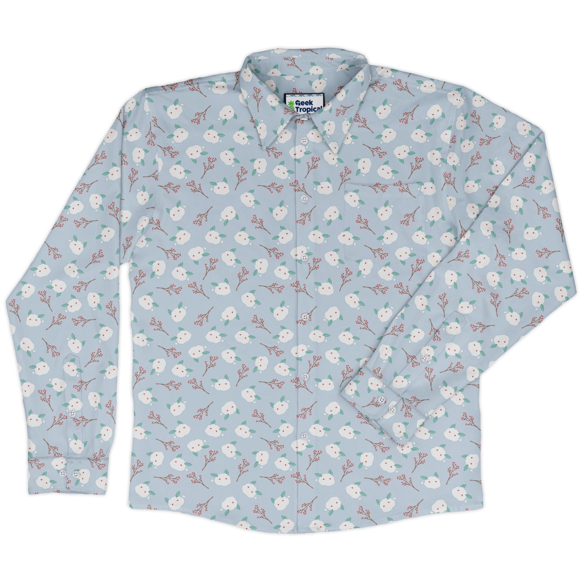 Snow Bunnies Long Sleeve Button Up Shirt Geek Nerd adult sizing Anime Christmas Print