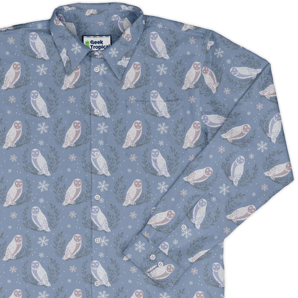 Snow Owl Moon Long Sleeve Button Up Shirt Geek Nerd adult sizing Botany Print Christmas Print