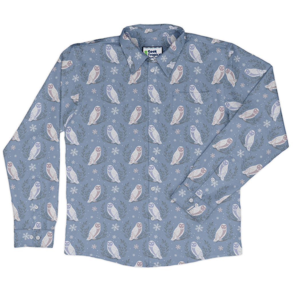 Snow Owl Moon Long Sleeve Button Up Shirt Geek Nerd adult sizing Botany Print Christmas Print