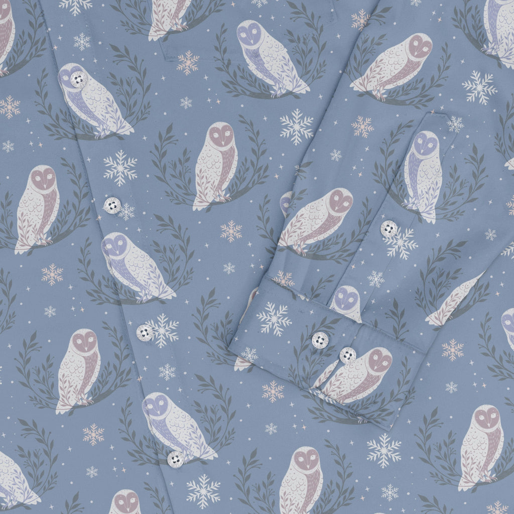 Snow Owl Moon Long Sleeve Button Up Shirt Geek Nerd adult sizing Botany Print Christmas Print