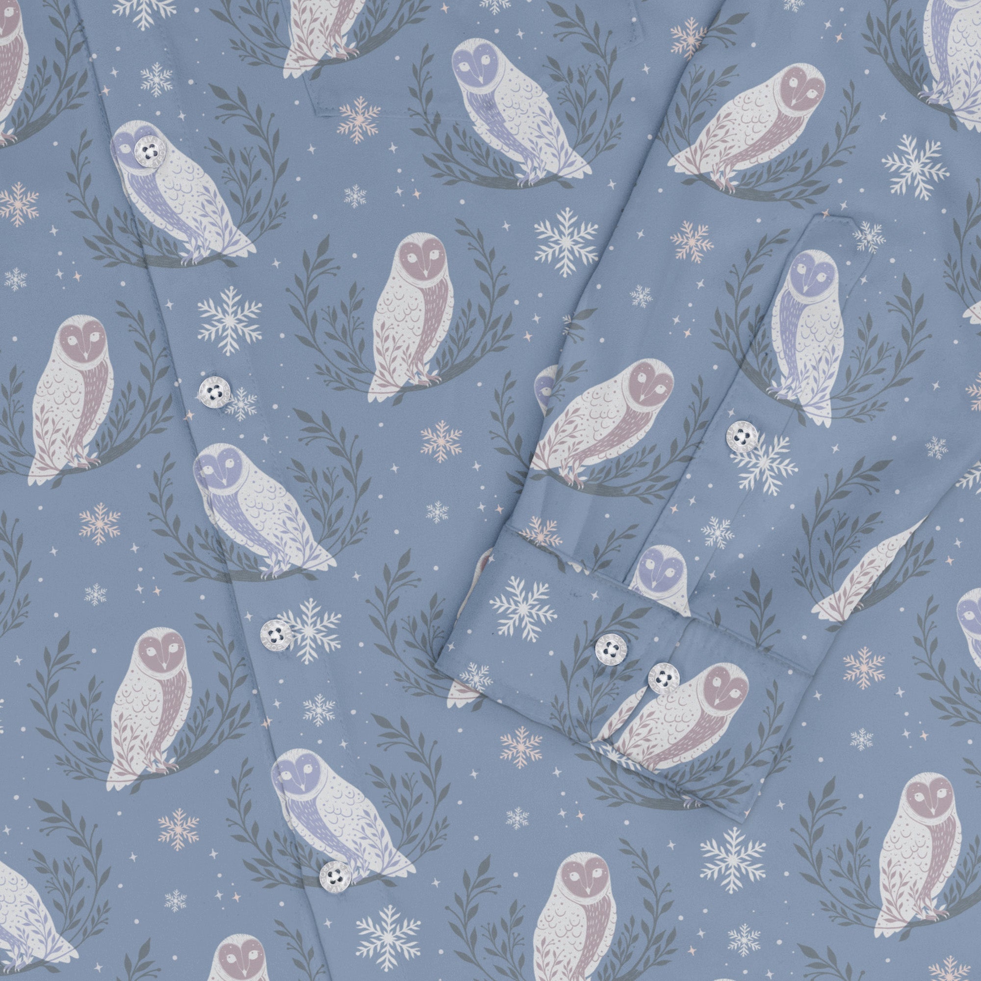 Snow Owl Moon Long Sleeve Button Up Shirt Geek Nerd adult sizing Botany Print Christmas Print
