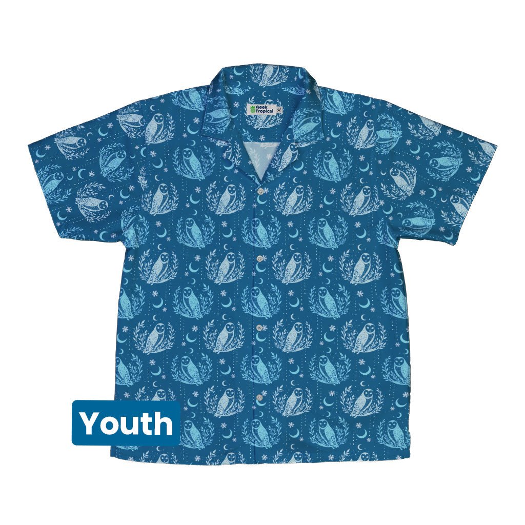 Snow Owl Night Flight Youth Hawaiian Shirt Geek Nerd Christmas Print Design by Episodic q4