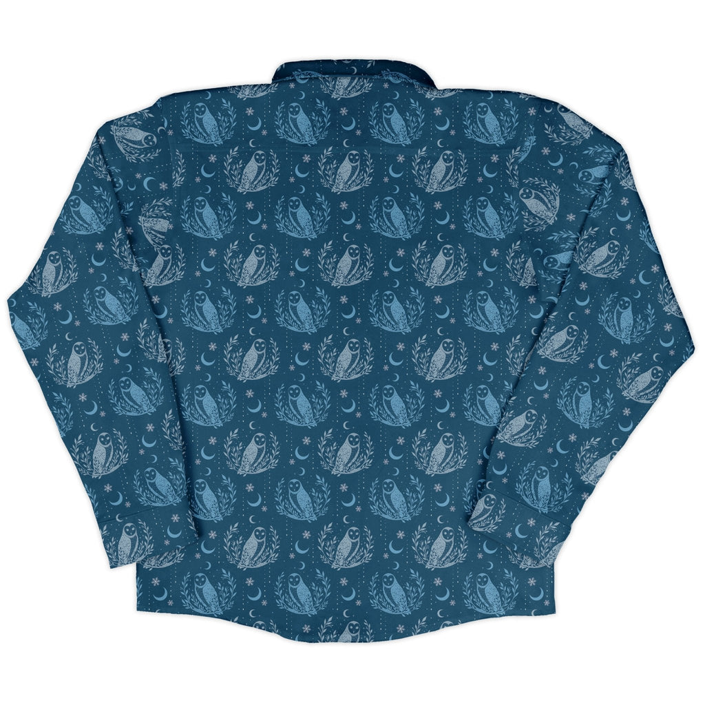 Snow Owl Night Flight Long Sleeve Button Up Shirt Geek Nerd adult sizing Botany Print Christmas Print