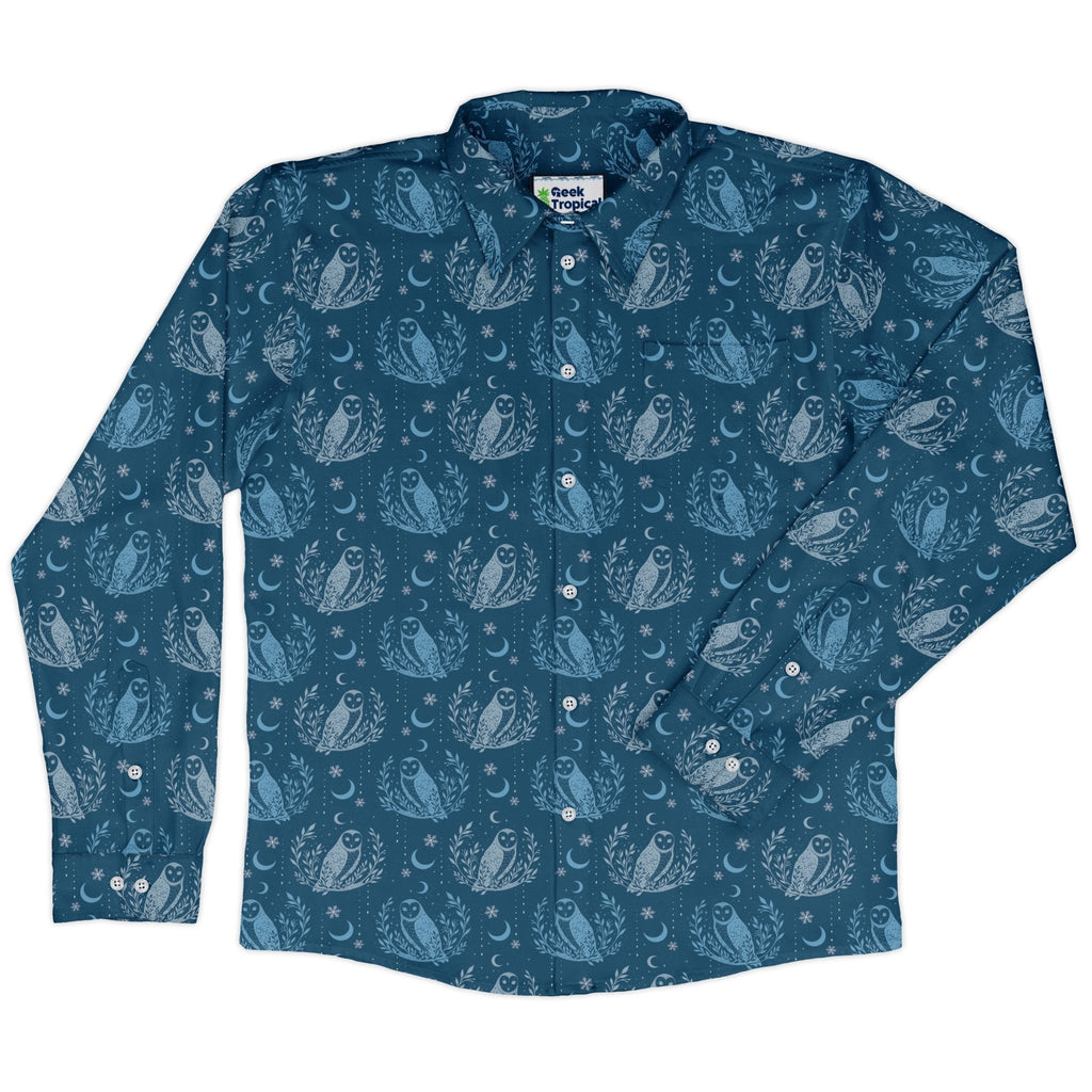 Snow Owl Night Flight Long Sleeve Button Up Shirt Geek Nerd adult sizing Botany Print Christmas Print