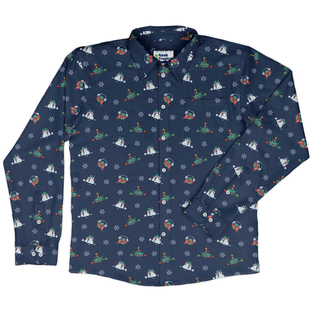 Snowing Frogs Chilly Night Long Sleeve Button Up Shirt Geek Nerd adult sizing Anime Christmas Print