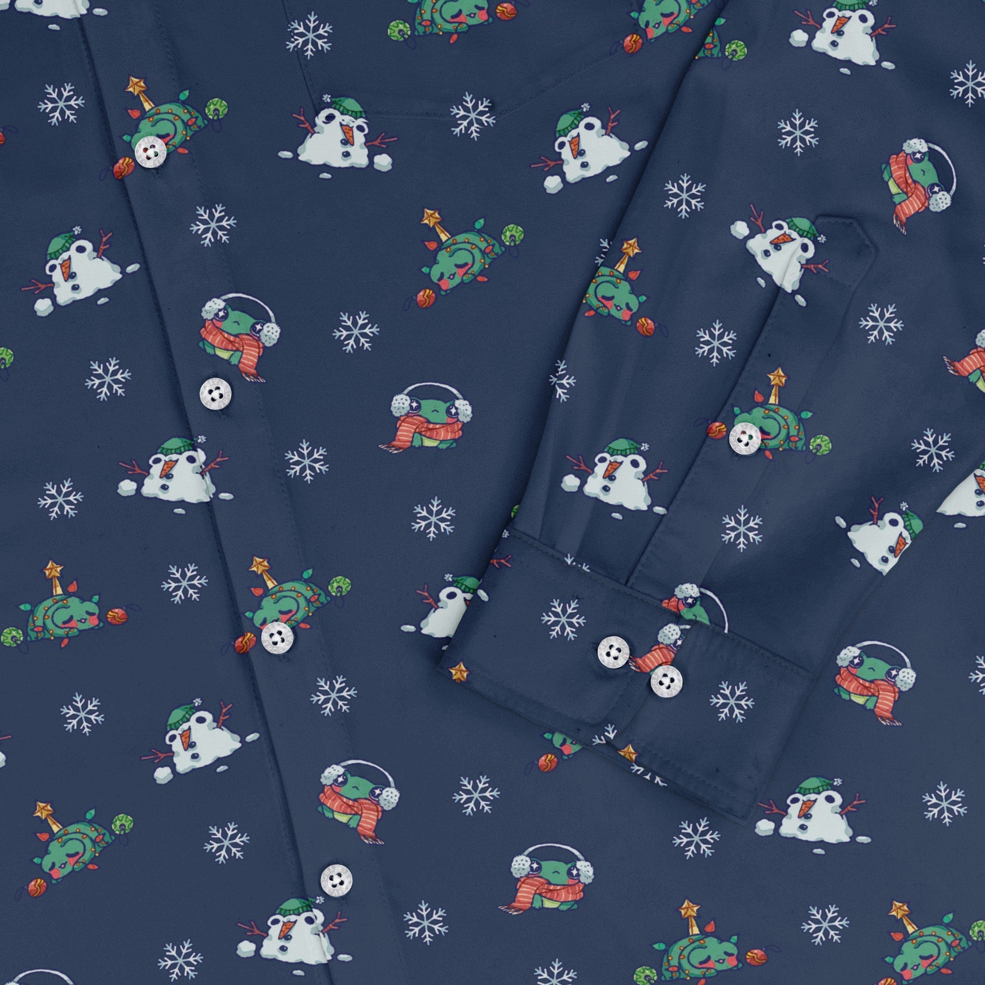 Snowing Frogs Chilly Night Long Sleeve Button Up Shirt Geek Nerd adult sizing Anime Christmas Print