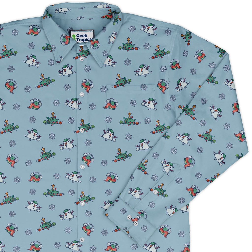 Snowing Frogs Long Sleeve Button Up Shirt Geek Nerd adult sizing Anime Christmas Print