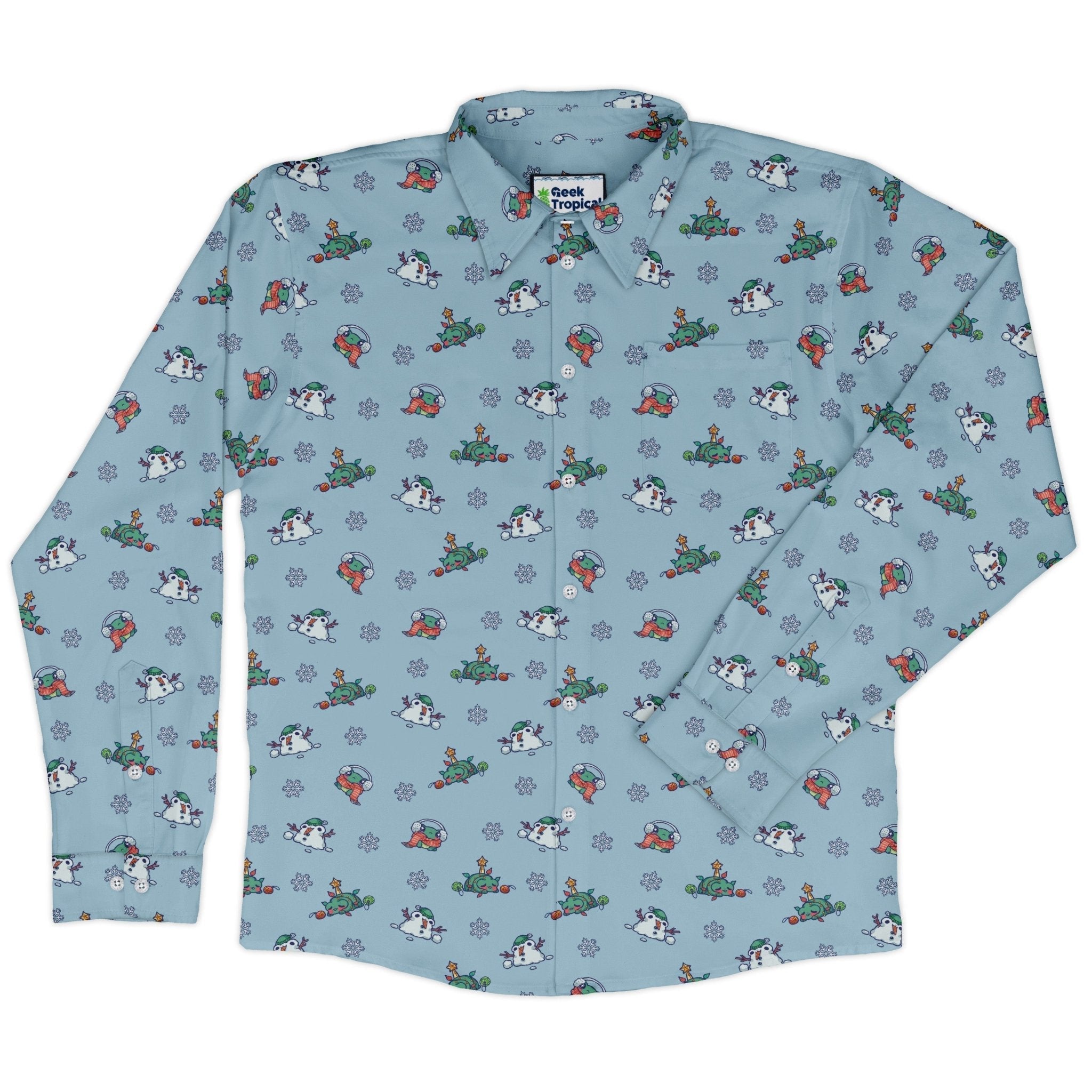 Snowing Frogs Long Sleeve Button Up Shirt Geek Nerd adult sizing Anime Christmas Print