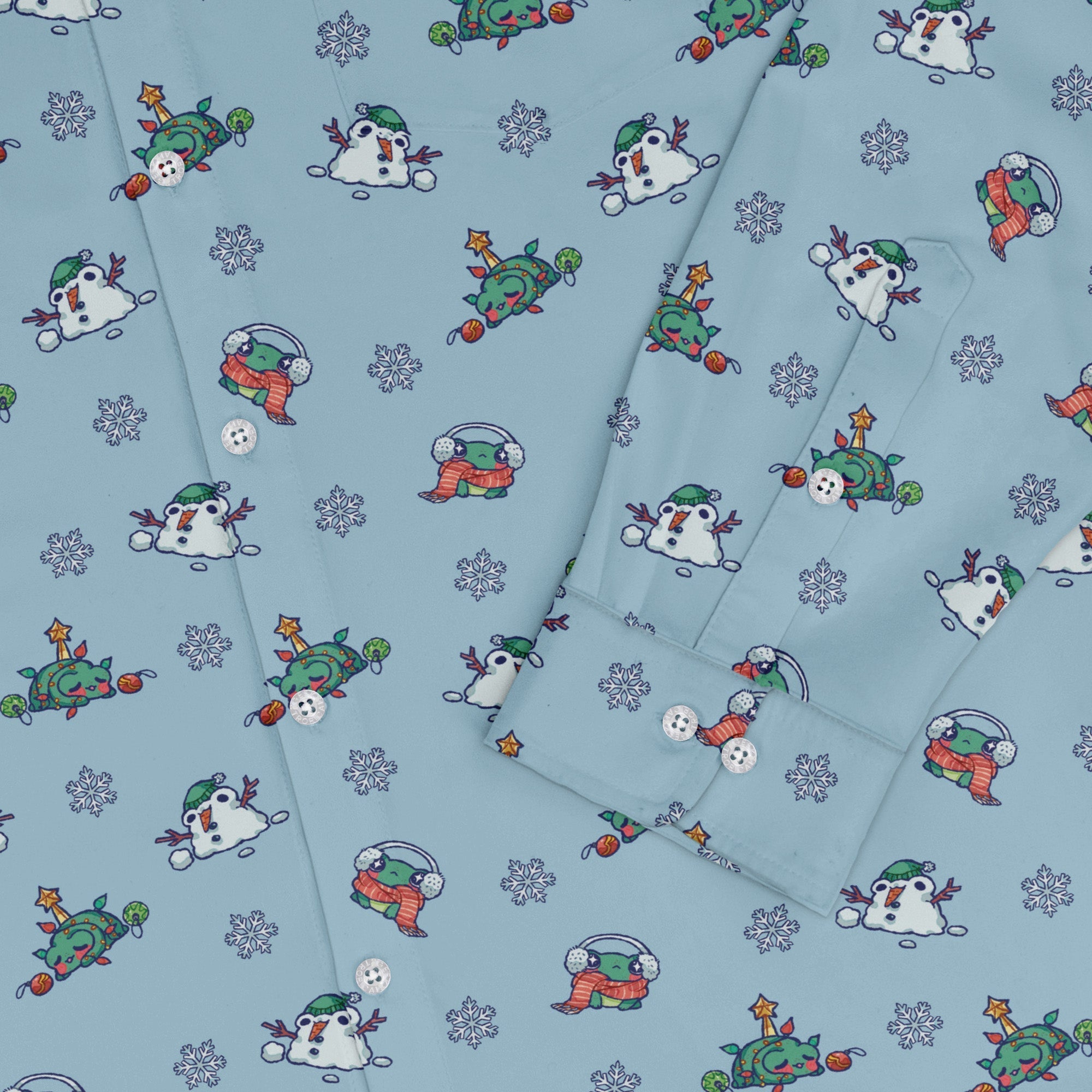 Snowing Frogs Long Sleeve Button Up Shirt Geek Nerd adult sizing Anime Christmas Print