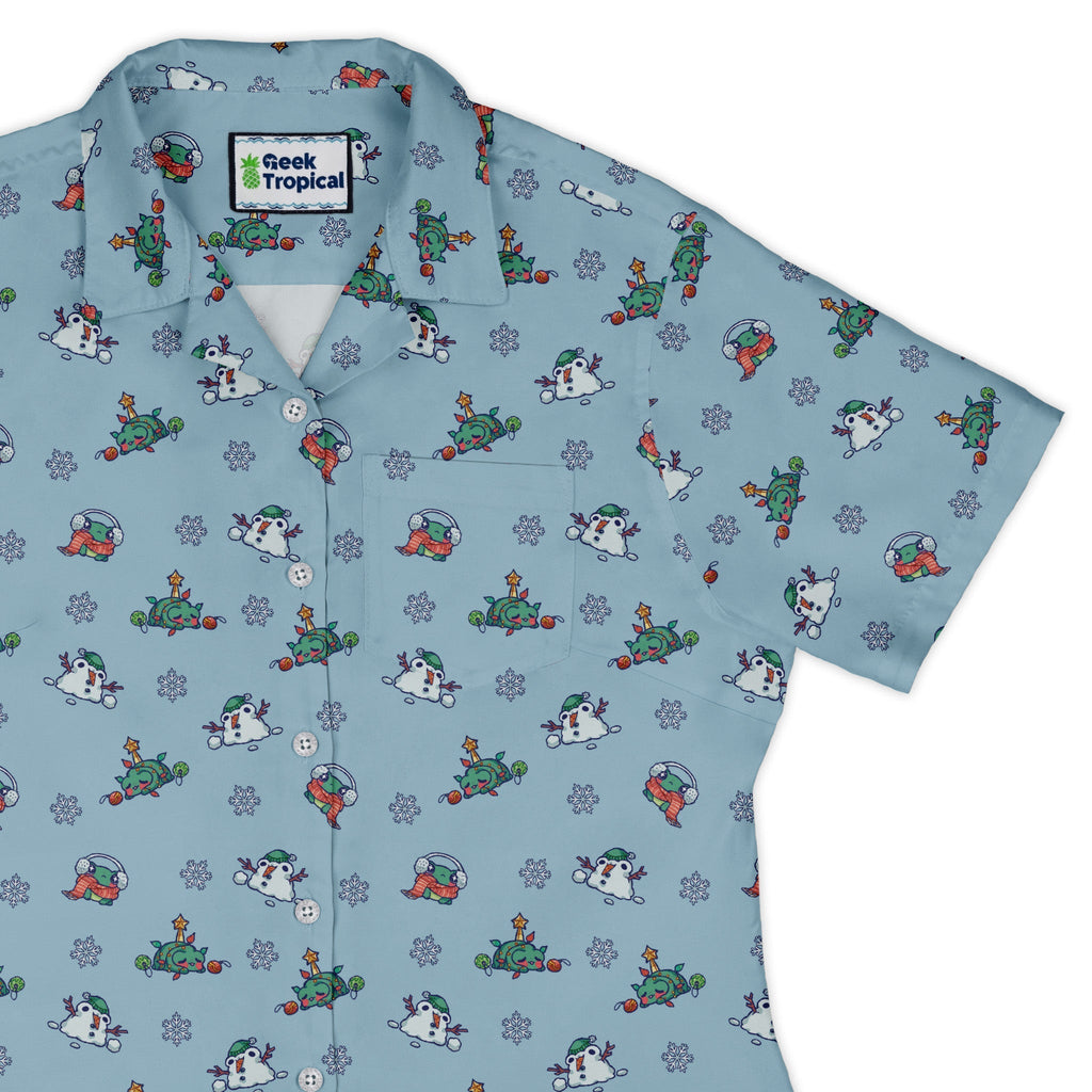 Snowing Frogs Curvy Button Up Shirt Geek Nerd Anime Christmas Print Design by Ardi Tong