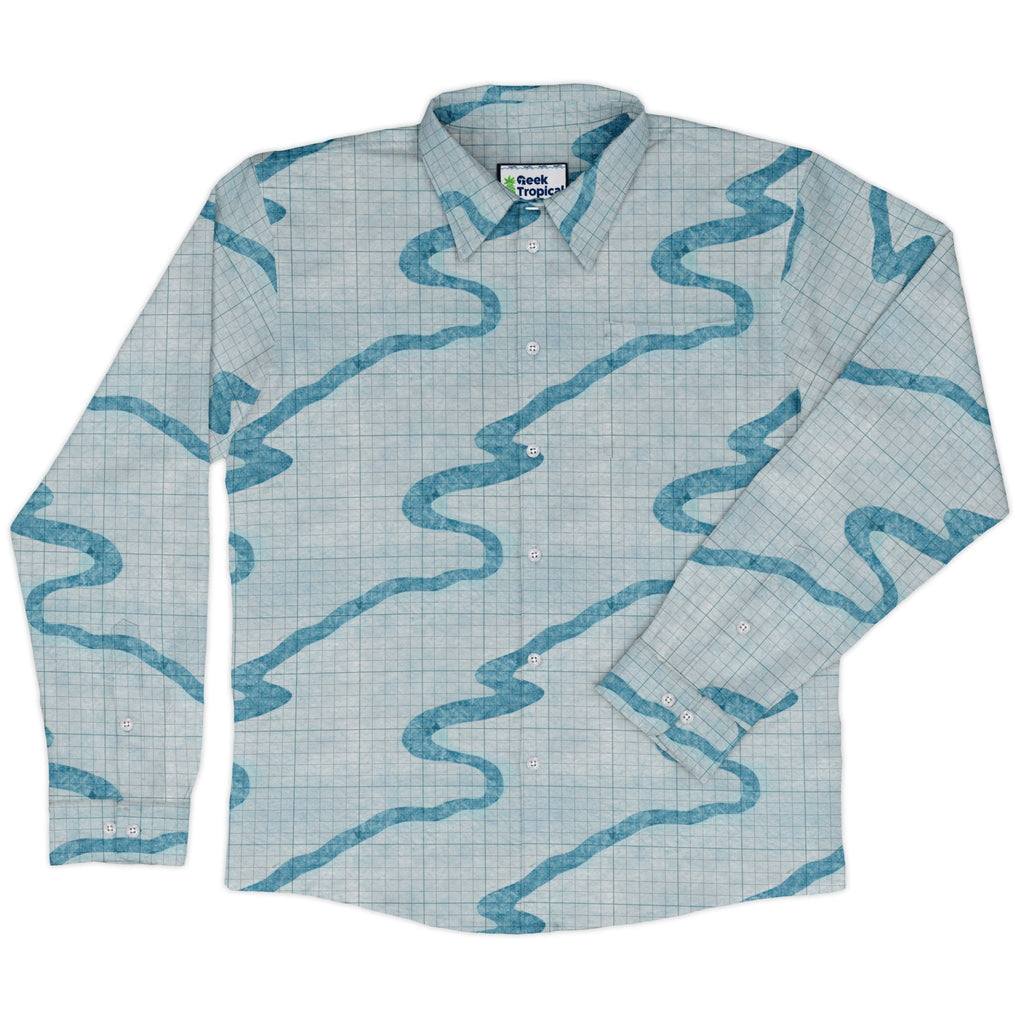 Snowy Dnd Battle Map Long Sleeve Button Up Shirt Geek Nerd adult sizing Christmas Print Designs by Nathan