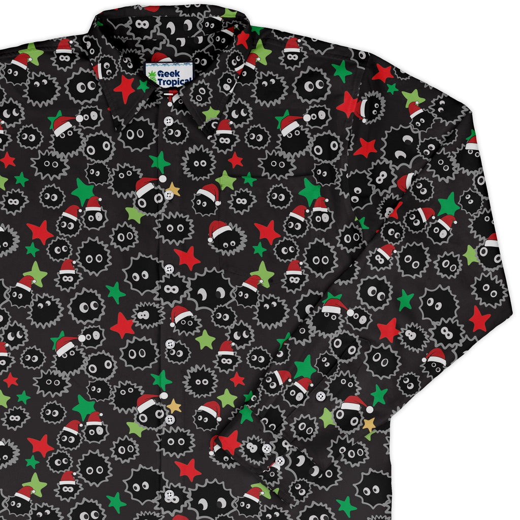 Sootsprite Santas Long Sleeve Button Up Shirt Geek Nerd adult sizing Anime Christmas Print