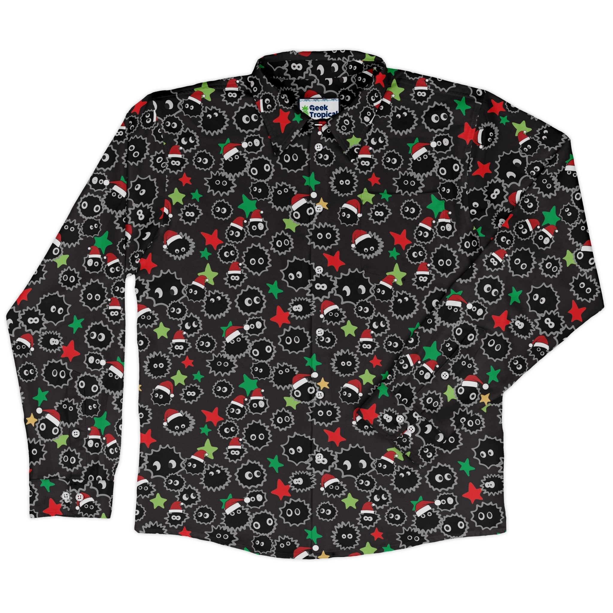 Sootsprite Santas Long Sleeve Button Up Shirt Geek Nerd adult sizing Anime Christmas Print