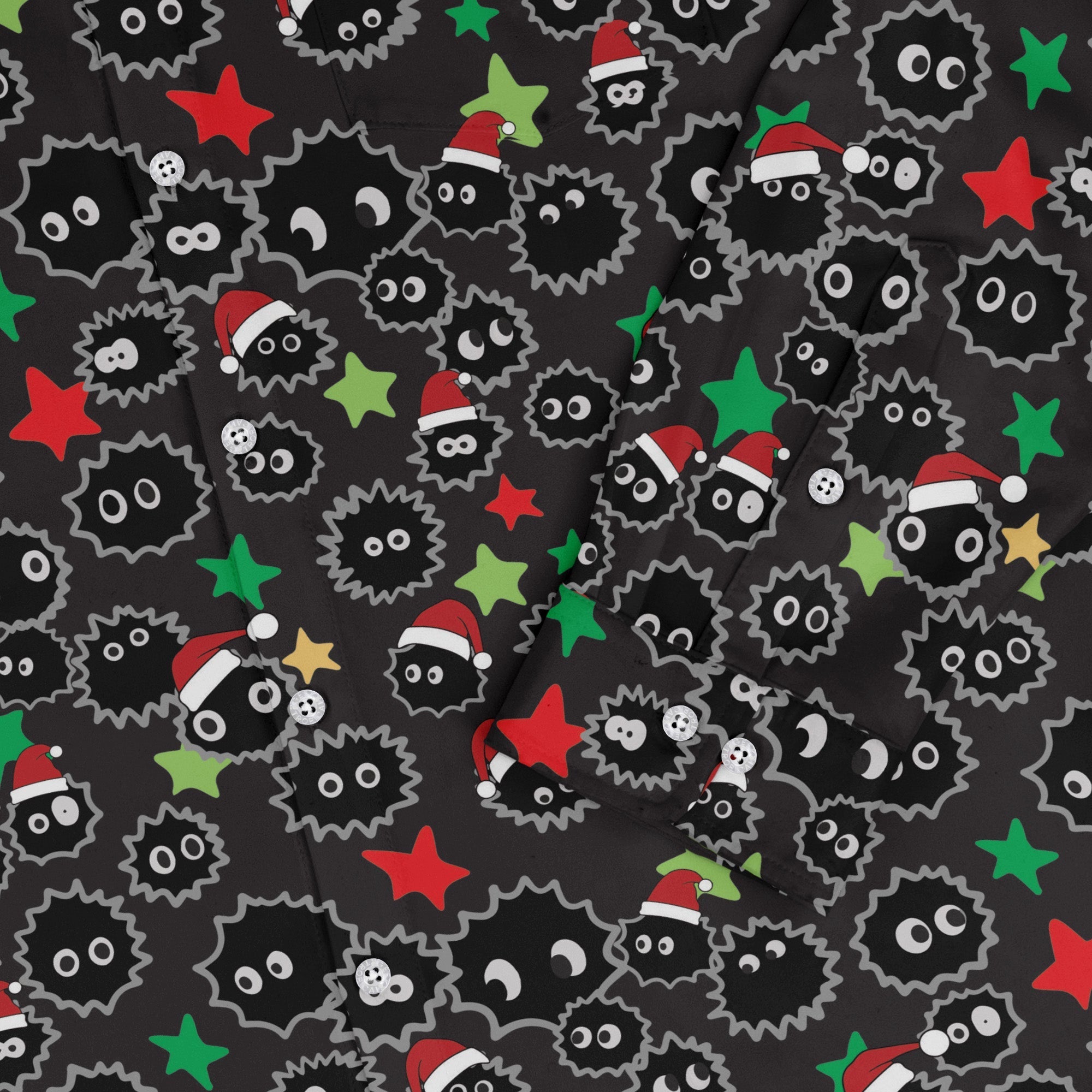 Sootsprite Santas Long Sleeve Button Up Shirt Geek Nerd adult sizing Anime Christmas Print