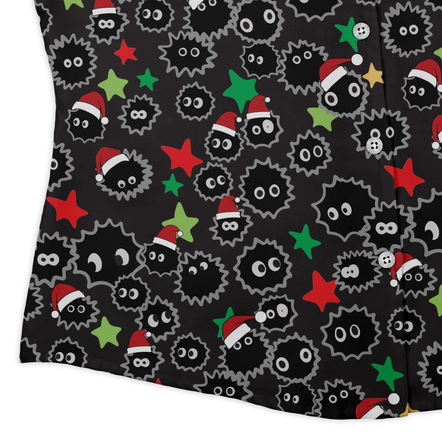 Sootsprite Santas Curvy Button Up Shirt Geek Nerd Anime Christmas Print Design by Heather Davenport